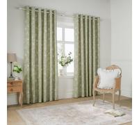 furn. Wylder Bella Eyelet Curtain Pair - 100% Cotton Natural Botanical Floral Lined Drapes (Sage - 117x137cm)