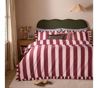 furn. Wylder Birdie Stripe Duvet Cover Set - Reversible Ruffled Cotton Rich Striped Bedding (Burgundy/Blossom - Double)