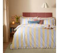 furn. Wylder Birdie Stripe Duvet Cover Set (Lemon/Sky - Super King) | Vintage Inspired Wavy Contrast Striped Ruffle Trim Cotton Rich Bedding