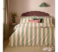 Wylder Birdie Stripe Duvet Cover Set - Reversible Cotton Rich Frilled Cottagecore Stripe Design with Ruffle Trim (Pink/Green - Double)