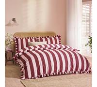 Wylder Nature Birdie Stripe Ruffle Duvet Cover Set, Super King, Burgundy/Blossom, Red