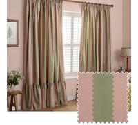 furn. Wylder Birdie Stripe Pencil Pleat Curtain Pair - Ruffled Cotton Striped Room Darkening Curtains (Pink/Green - Width 168 x Drop 229cm)