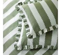 furn. Wylder Birdie Stripe Pillowcase Pair - Reversible Ruffle Edge Cotton Rich Striped Pillow Covers (Baygreen/Mist - 50x75cm)