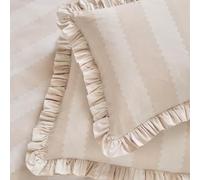 furn. Wylder Birdie Stripe Pillowcase Pair - Reversible Ruffle Edge Cotton Rich Striped Pillow Covers (Oat/Milk - 50x75cm)