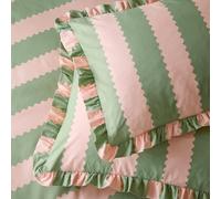 furn. Wylder Birdie Stripe Pillowcase Pair - Reversible Ruffle Edge Cotton Rich Striped Pillow Covers (Pink/Green - 50x75cm)