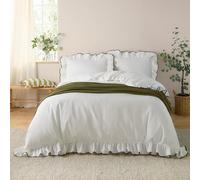furn. Wylder Blousey Cotton Ruffle Duvet Cover Set - Ruffled Trim Luxury Bedding (Olive - Double)