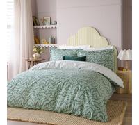 furn. Wylder Brianna Duvet Cover Set - Reversible Floral and Stripe 100% Tumbled Cotton Bedding (Tarragon Green - Double)