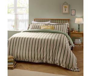 furn. Wylder Connie Duvet Cover Set - Reversible Cotton Rich Stripe Ruffle Linen Look Bedding (Moss - King)