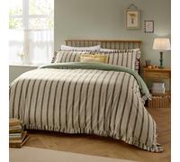 furn. Wylder Connie Duvet Cover Set - Reversible Cotton Rich Stripe Ruffle Linen Look Bedding (Moss - Single)