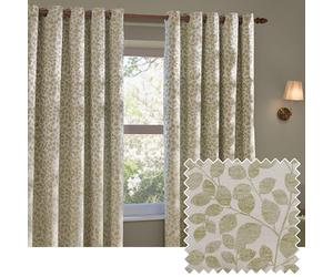 furn. Wylder Grace Leaf Eyelet Curtain Pair - Matt Satin Jacquard Room Darkening Curtains (Sage - Width 229 x Drop 229cm)