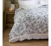 furn. Wylder Hermione Bedspread - Reversible Floral Quilted Cotton Ruffle Trim Coverlet Bedding (Ivory Blue - 150x200cm)