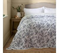 furn. Wylder Hermione Bedspread - Reversible Floral Quilted Cotton Ruffle Trim Coverlet Bedding (Ivory Blue - 240x260cm)