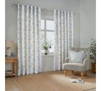 furn. Wylder Meadow Eyelet Curtain Pair - 100% Cotton Country Floral Lined Drapes (White/Cornflower - 168x137cm)