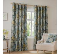 furn. Wylder Ophelia Room Darkening Eyelet Curtain Pair - Bold Botanical Floral Jacquard Drapes (Blue/Saffron - L 137 x W 168cm - 2 Panels)