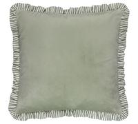 furn. Wylder Solene Ruffle Feather Filled Cushion - Soft Pastel Velvet Striped Trim Decorative Pillow (Sage - 45x45cm)