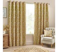 furn. Wylder Sophia Eyelet Curtain Pair - Room Darkening Jacquard Botanical Embroidered Lined Luxury Curtains (Gold - Width 229 x Drop 137cm)