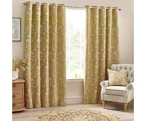 furn. Wylder Sophia Eyelet Curtain Pair - Room Darkening Jacquard Botanical Embroidered Lined Luxury Curtains (Gold - Width 168 x Drop 183cm)