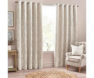 furn. Wylder Sophia Eyelet Curtain Pair - Room Darkening Jacquard Botanical Embroidered Lined Luxury Curtains (Natural - Width 117 x Drop 183cm)