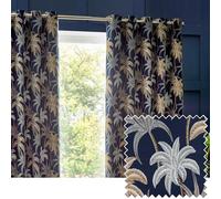 furn. Wylder Tropics Galapagos Eyelet Curtains (Navy - 117 x 183cm) | Tropical palm trees woven into textured jacquard with deep tonal colour and room-darkening lining for an expressive escape