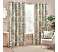 furn. Wylder Woodland Eyelet Curtain Pair - Room Darkening Lined Luxury Jacquard Nature Tree Curtains (Natural - Width 229 x Drop 183cm)