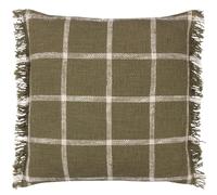 furn. Yard Beni Feather Filled Cushion - Woven Check Cotton with Double Fringed Trim (Moss/Natural - 45cm x 45cm)