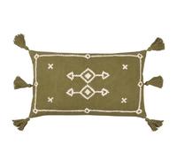 Furn Yard Folis Embroidered Cushion Cover - Global Geometric Embroidered Cotton Tasselled Edges Hidden Zip (Khaki - 50 x 30 cm)