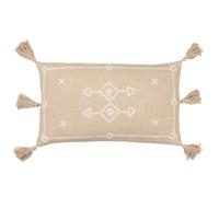 furn. Yard Folis Embroidered Cushion Cover - Global Geometric Embroidered Cotton Tasselled Edges Hidden Zip (Stone - 50 x 30 cm)