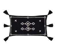 furn. Yard Folis Embroidered Cushion - Global Geometric Embroidered Cotton Tasselled Edges Hidden Zip Polyester Filled (Black - 50 x 50 cm)