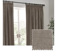 furn. Yard Heavy Chenille Pencil Pleat Curtain Pair - Lined Room Darkening Soft Velvet Curtains (Greige - Width 229 x Drop 183cm)