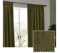 furn. Yard Heavy Chenille Pencil Pleat Curtain Pair - Lined Room Darkening Soft Velvet Curtains (Olive - Width 229 x Drop 137cm)