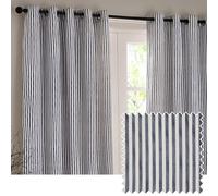 Yard Hebden Striped Cotton Eyelet Curtain Pair Navy 117 X 183Cm, Blue