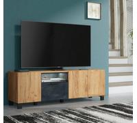 Furneo 150Cm Tv Stand Oak & Black Concrete Effect Unit Cabinet White Led Lights Enzo 04