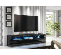 Furneo 200Cm Black Long Tv Stand Unit Cabinet Matt & High Gloss Blue Led Lights Phantom 10