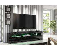 Furneo 200Cm Black Long Tv Stand Unit Cabinet Matt & High Gloss Rgb (Multicoloured) Led Lights Phantom 10
