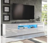 Furneo 200Cm Long Tv Stand Unit Cabinet Matt & High Gloss White Clifton 08 Blue Led Lights