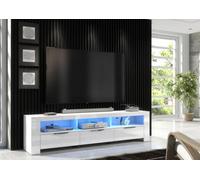 Furneo 200Cm White Long Tv Stand Unit Cabinet Matt & High Gloss Blue Led Lights Phantom 10
