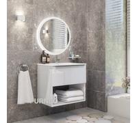 Furneo Bathroom Vanity Unit Floating Storage Basin Gloss White 1-Drawer 60Cm With Chrome Handle