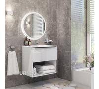 Furneo Bathroom Vanity Unit Floating Storage Basin Gloss White 1-Drawer 60Cm With Matt Black Handle