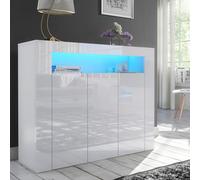 Furneo Clifton 04 - 3-Door Sideboard Cabinet, Matt & High Gloss White Finish, Blue LED Lights