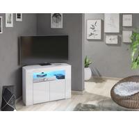 Furneo Clifton 07 - Corner TV Stand Unit Cabinet, 86x65x40 cm, Matt & High Gloss White Finish, Blue LED Lights