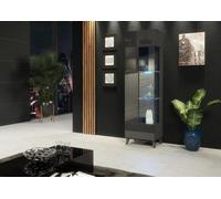 Furneo Grey Display Cabinet Storage Modern Glass Cupboard High Gloss & Matt Azzurro 12G Blue Led Lights