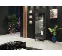 Furneo Grey Display Cabinet Storage Modern Glass Cupboard High Gloss & Matt Azzurro 12G White Led Lights