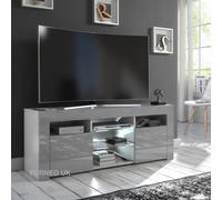 Furneo Grey Tv Stand 120Cm Unit Cabinet Matt & High Gloss Puzzo G White Led Lights