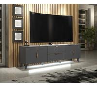 Furneo Grey Tv Stand 180Cm Unit Cabinet Azzurro 10G Brushed Gold Handles White Led Lights