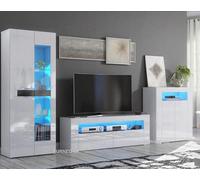 Furneo High Gloss & Matt White Living Room Set Tv Stand Sideboard Display Cabinet Blue Led Lights