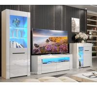 Furneo High Gloss & Matt White Living Room Set Tv Stand Sideboard Display Cabinet Milano Blue Led Lights