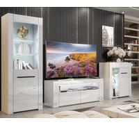 Furneo High Gloss & Matt White Living Room Set Tv Stand Sideboard Display Cabinet Milano White Led Lights