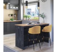 Furneo Kitchen Island Modern Breakfast Bar Shelves Black Concrete & Oak Effect Ki04