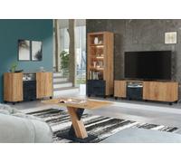 Furneo Living Room Set Tv Stand Display Cabinet Sideboard Coffee Table Oak & Black Concrete Effect White Led Lights Enzo 2/4/6/8