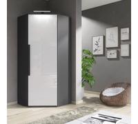 Furneo Modern White High Gloss & Matt Graphite Corner Wardrobe Bedroom Closet Storage With Led Light Clifton 14G